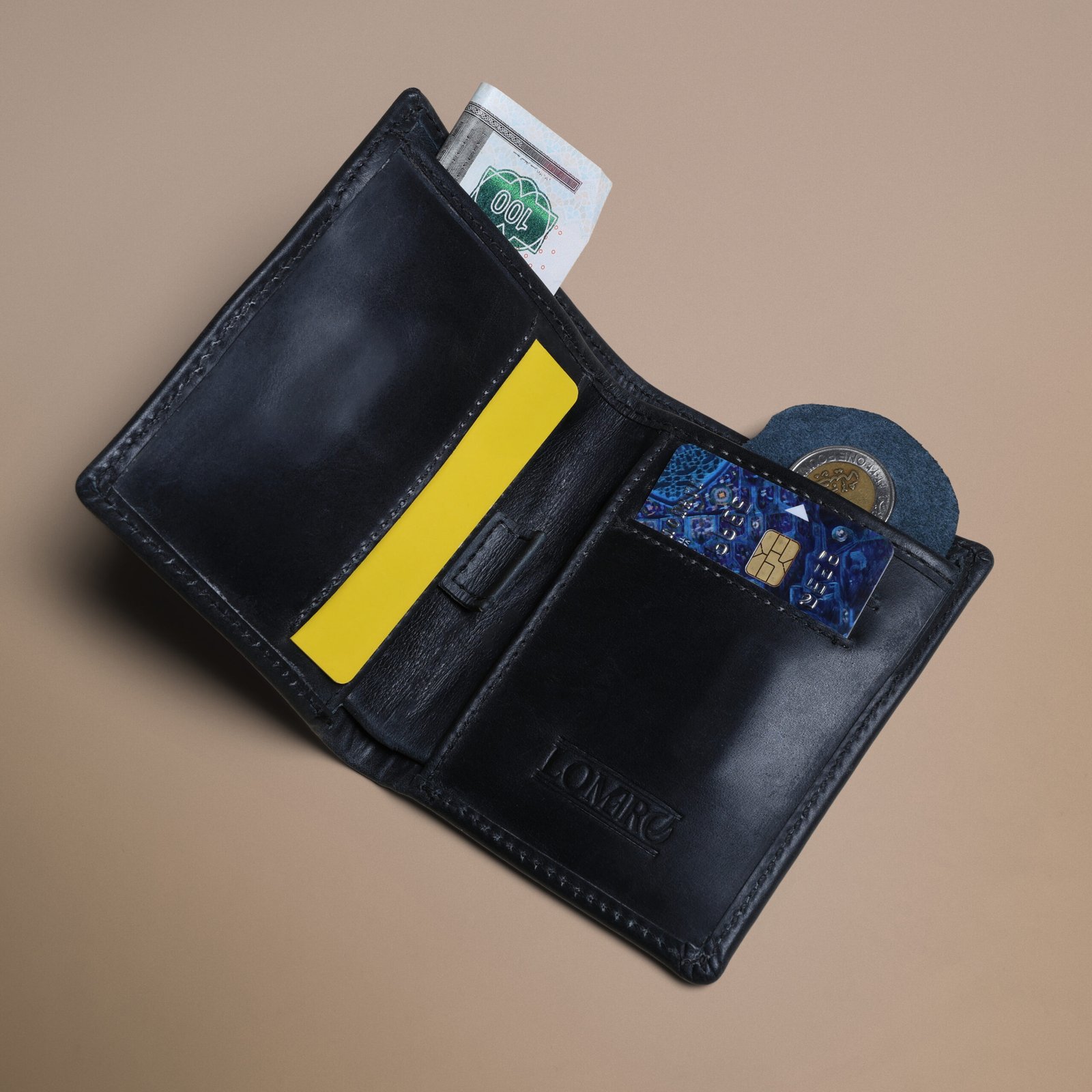 An open LOMIRO wallet showing its card storage